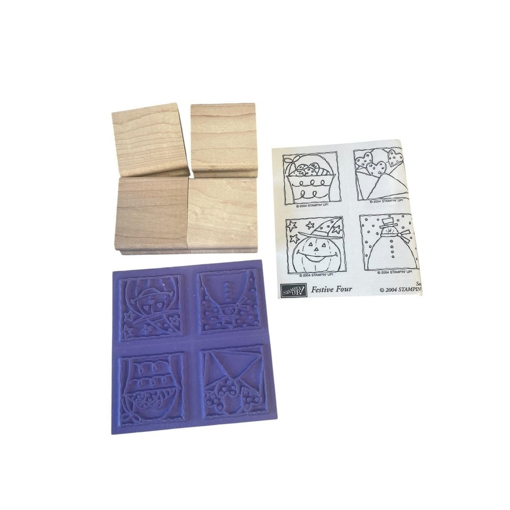 Stampin' Up! "Festive Four" Wood Mount Stamp Set Seasonal Holiday 4-Piece